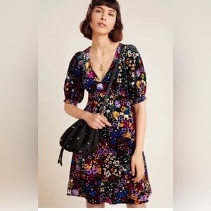 Anthropologie Black Floral Print Velvet Dress